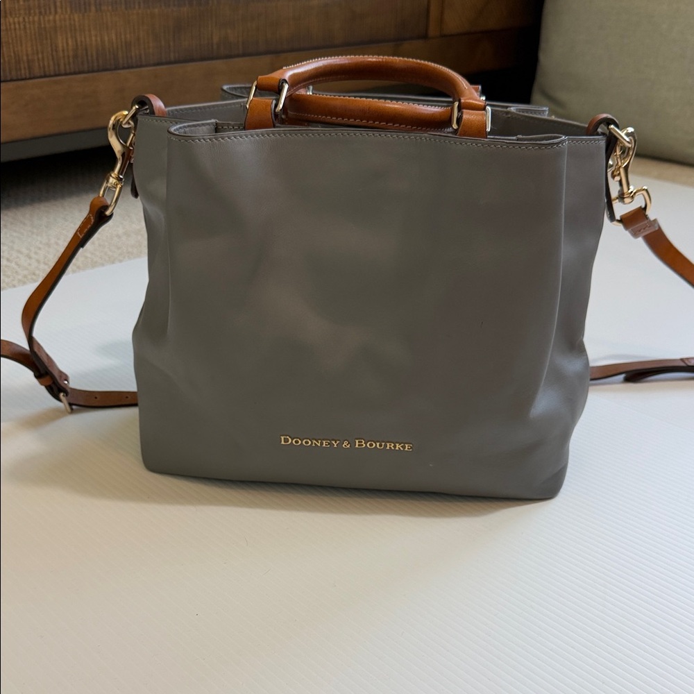 Dooney & Bourke Gray Leather Shoulder Bag with Brown Trim